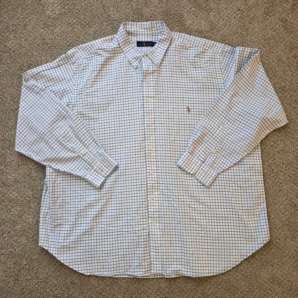 Ralph Lauren Mens 3XB Big White Blue Check Button Down Cotton‎ Shirt Pony Logo